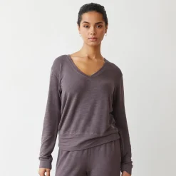 MONROW Supersoft V Neck Long Sleeve DUSTYPLUM Hot